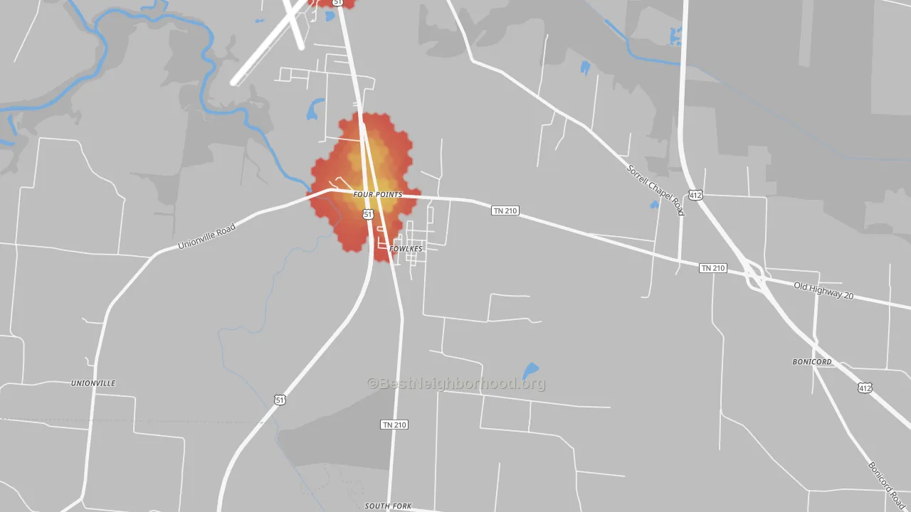 Walk Grade map of Fowlkes, TN, walkable areas in green and car-dependent areas in red