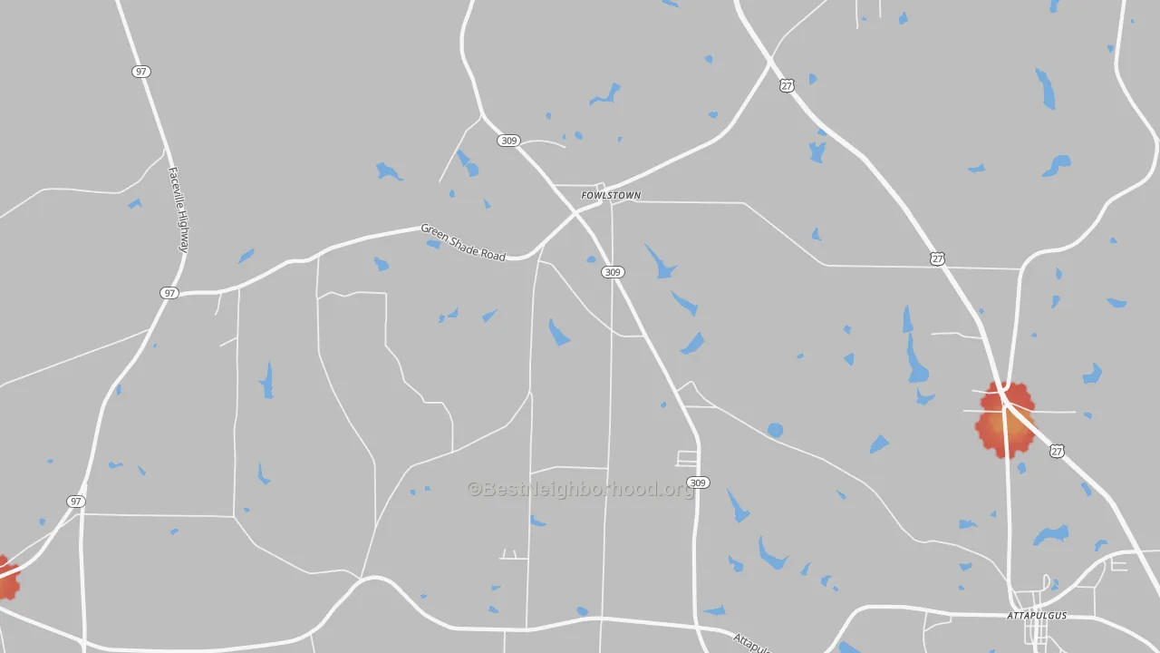 Walk Grade map of Fowlstown, GA, walkable areas in green and car-dependent areas in red