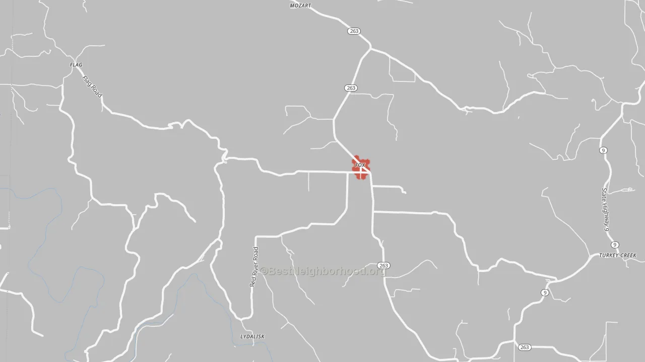 Walk Grade map of Fox, AR, walkable areas in green and car-dependent areas in red