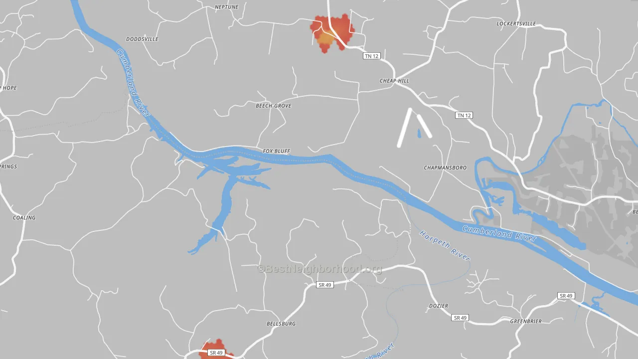Walk Grade map of Fox Bluff, TN, walkable areas in green and car-dependent areas in red