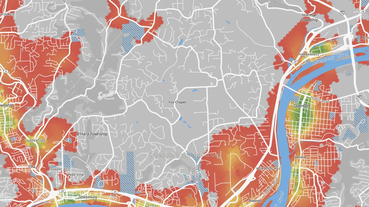 Walk Grade map of Fox Chapel, PA, walkable areas in green and car-dependent areas in red