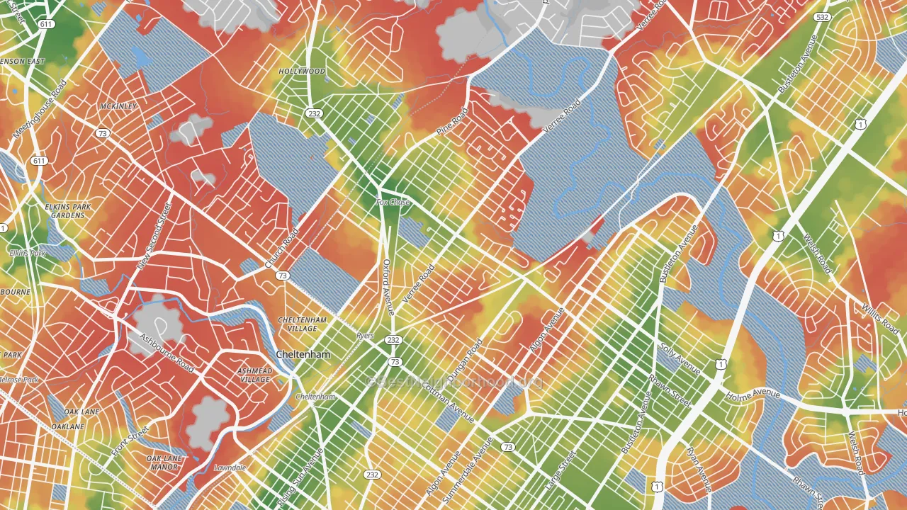 Walk Grade map of Fox Chase-Burholme, Philadelphia, PA, walkable areas in green and car-dependent areas in red