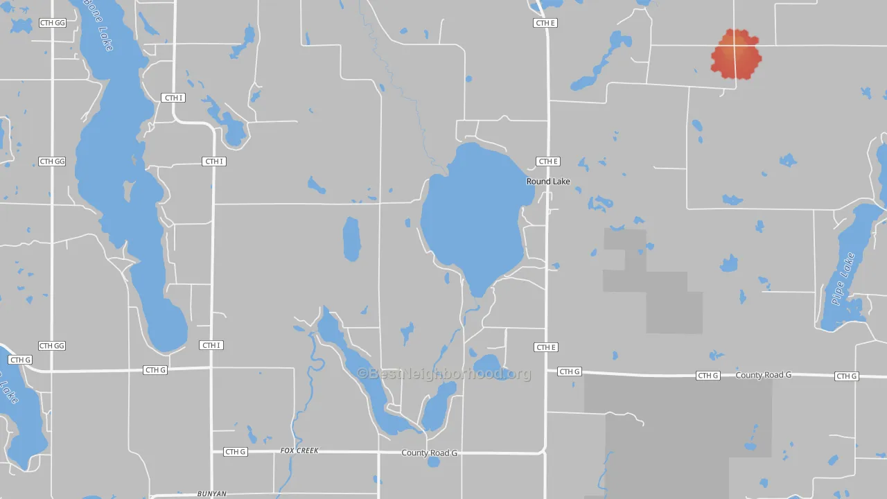 Walk Grade map of Fox Creek, WI, walkable areas in green and car-dependent areas in red