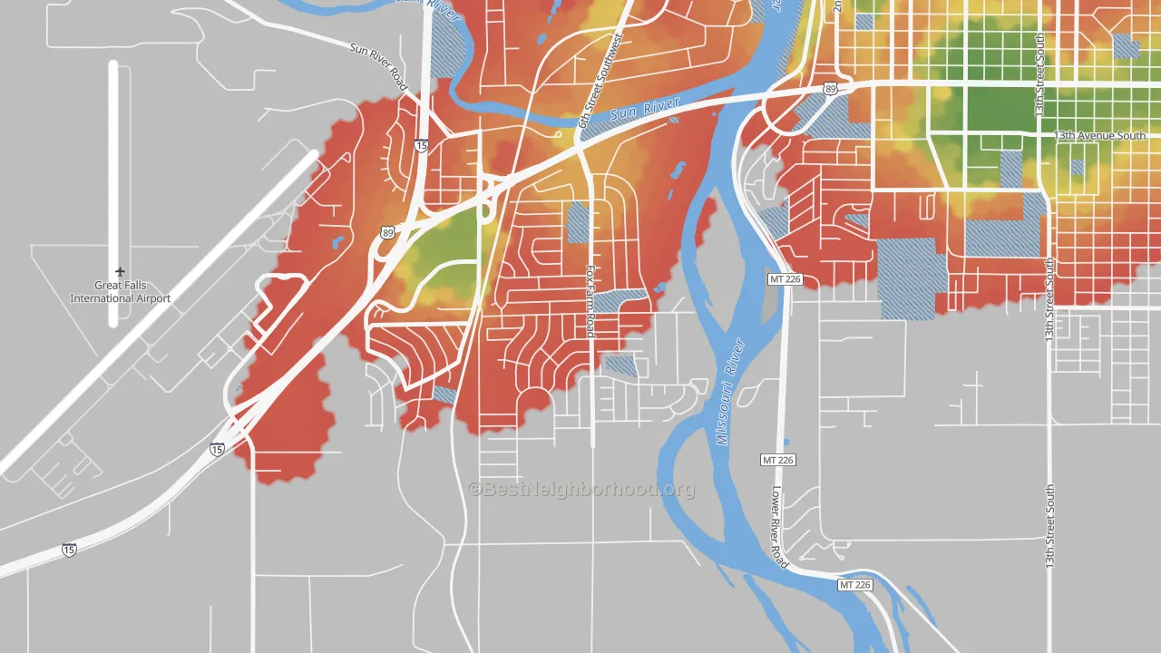 Walk Grade map of Fox Farm, Great Falls, MT, walkable areas in green and car-dependent areas in red