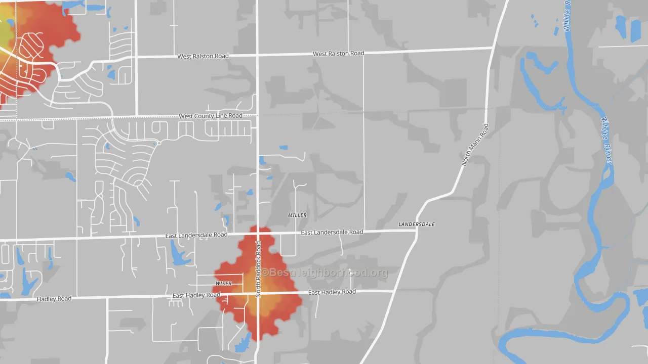 Walk Grade map of Fox Hill, IN, walkable areas in green and car-dependent areas in red