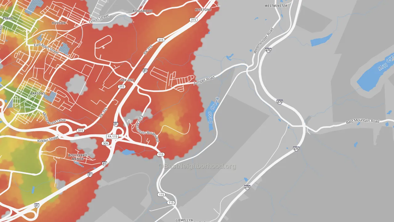 Walk Grade map of Fox Hill, PA, walkable areas in green and car-dependent areas in red