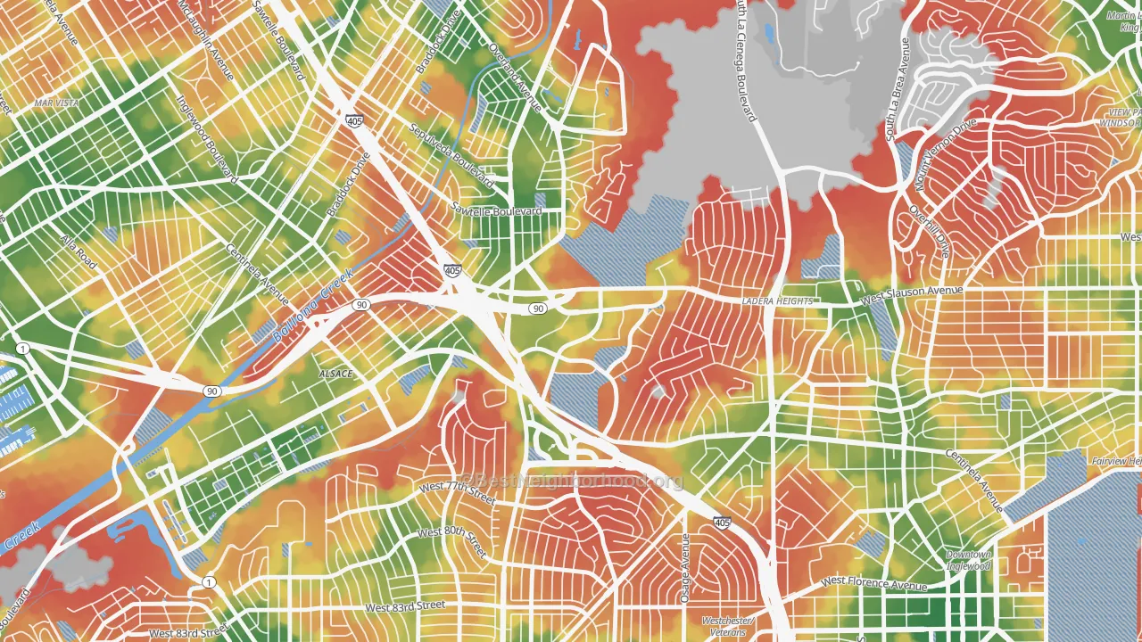 Walk Grade map of Fox Hills, Culver City, CA, walkable areas in green and car-dependent areas in red