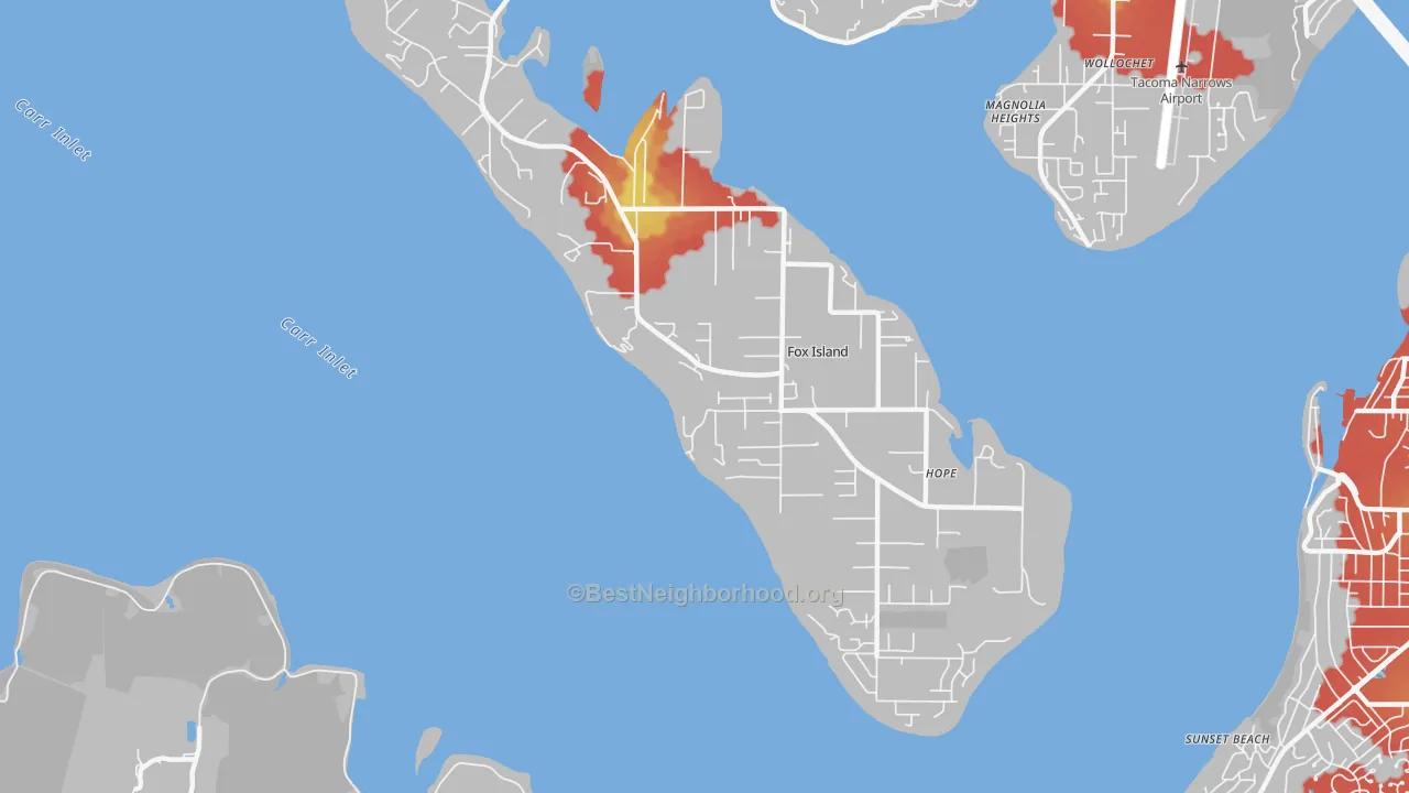 Walk Grade map of Fox Island, WA, walkable areas in green and car-dependent areas in red