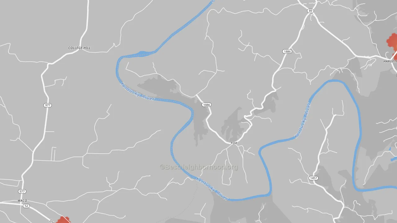 Walk Grade map of Fox, KY, walkable areas in green and car-dependent areas in red