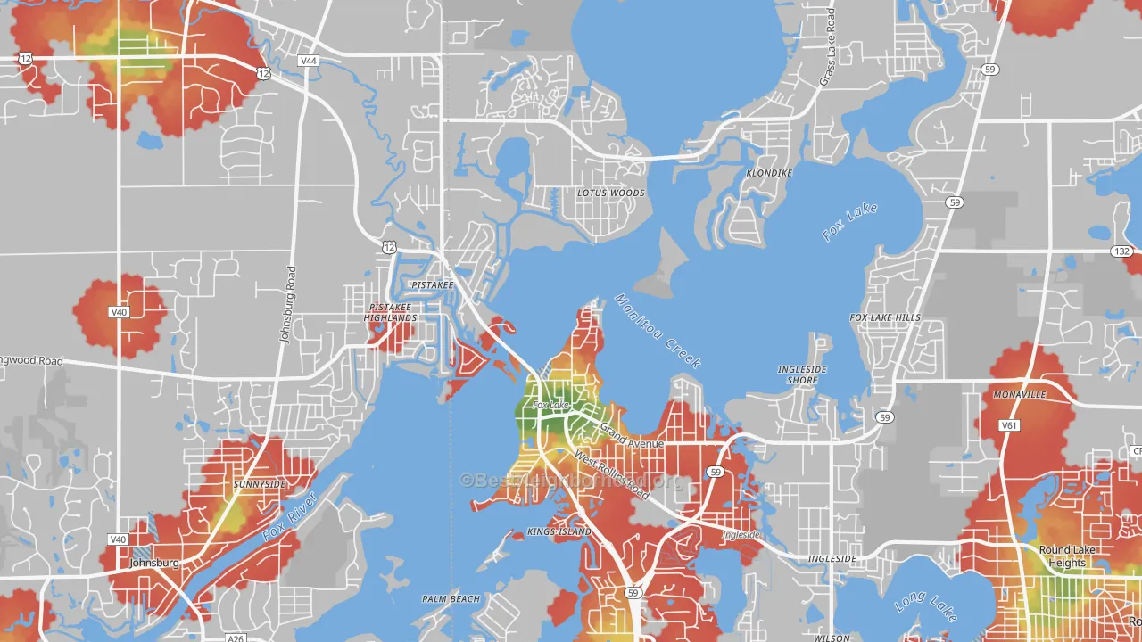 Walk Grade map of Fox Lake, IL, walkable areas in green and car-dependent areas in red