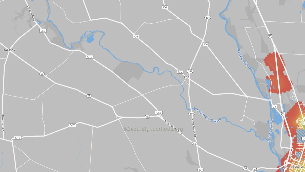 Walk Grade map of Fox, OH, walkable areas in green and car-dependent areas in red