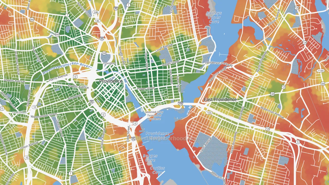 Walk Grade map of Fox Point, Providence, RI, walkable areas in green and car-dependent areas in red