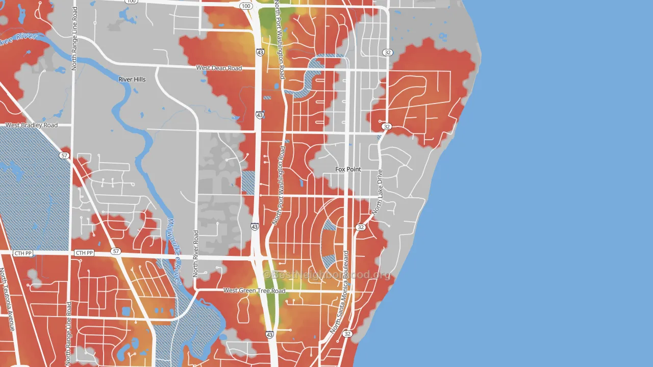 Walk Grade map of Fox Point, WI, walkable areas in green and car-dependent areas in red