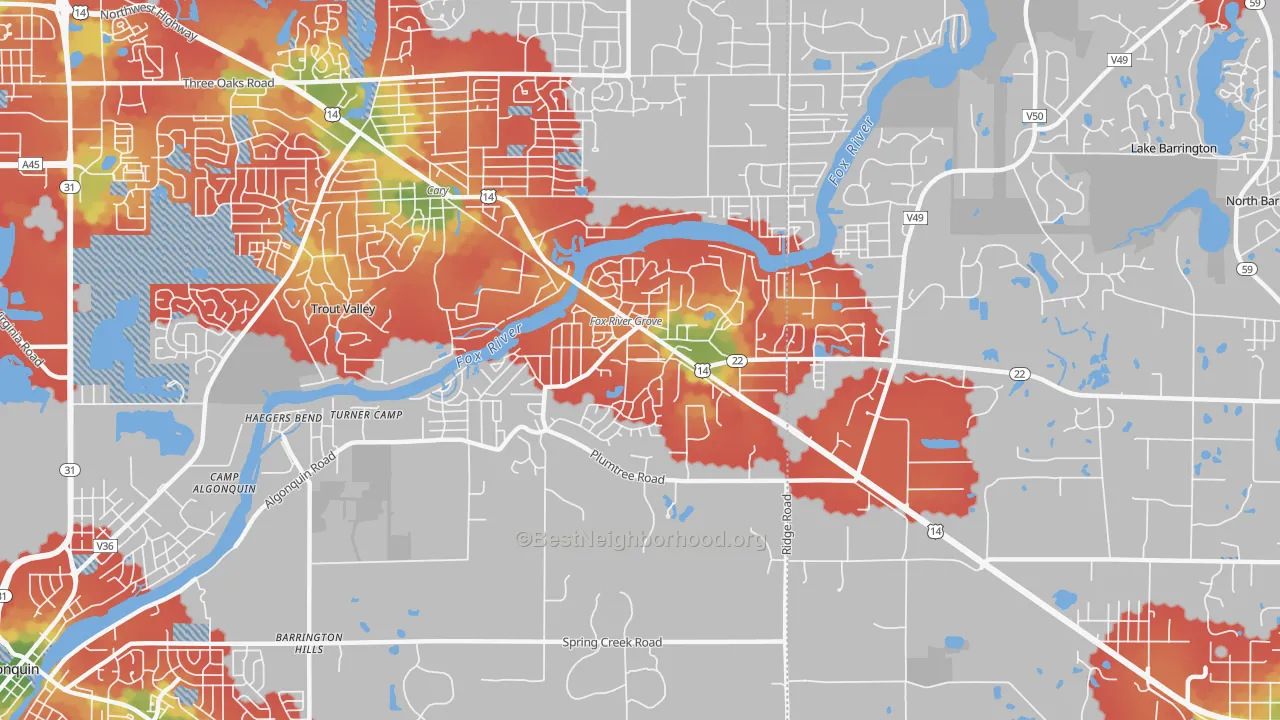 Walk Grade map of Fox River Grove, IL, walkable areas in green and car-dependent areas in red