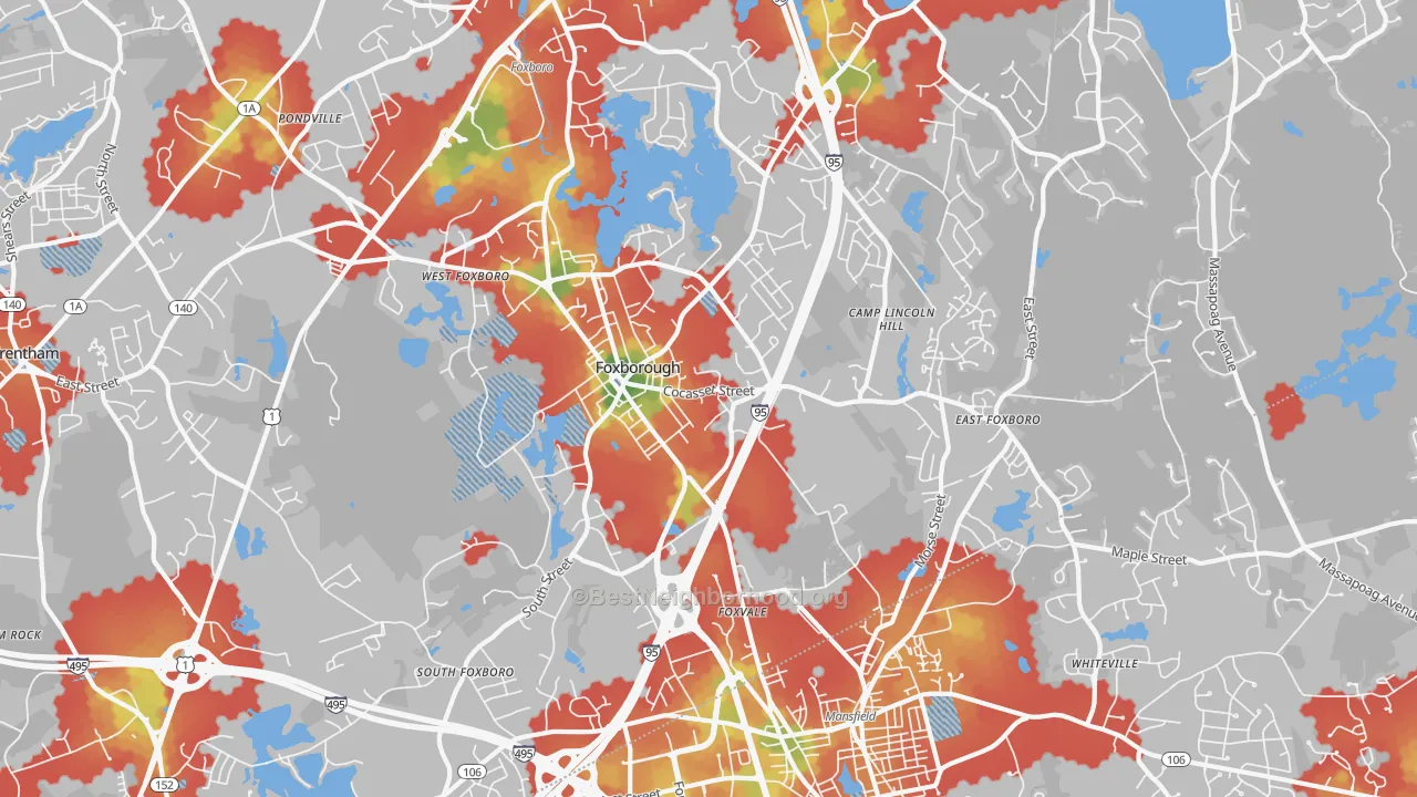 Walk Grade map of Foxboro, MA, walkable areas in green and car-dependent areas in red