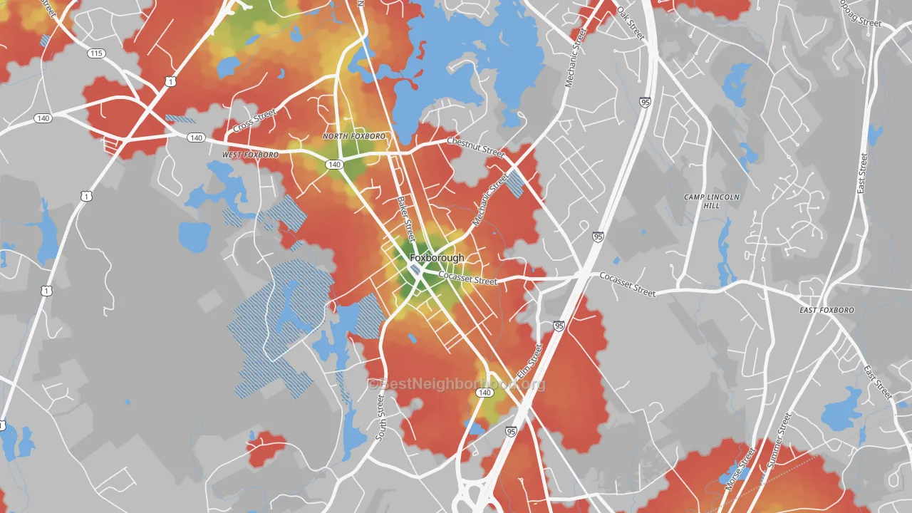 Walk Grade map of Foxborough, MA, walkable areas in green and car-dependent areas in red