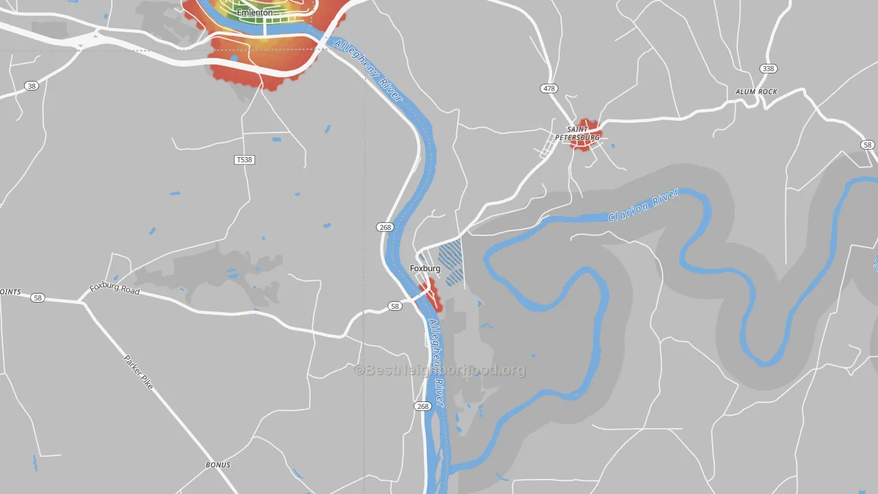 Walk Grade map of Foxburg, PA, walkable areas in green and car-dependent areas in red