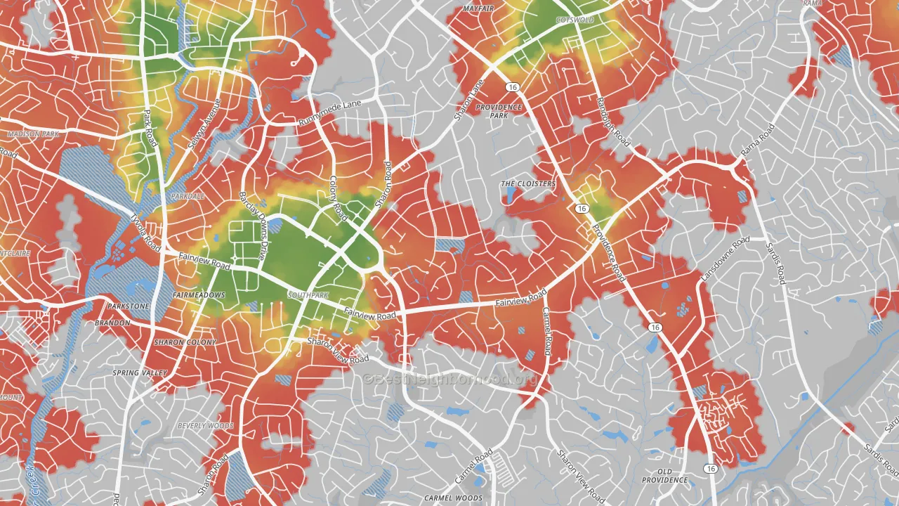 Walk Grade map of Foxcroft, Charlotte, NC, walkable areas in green and car-dependent areas in red