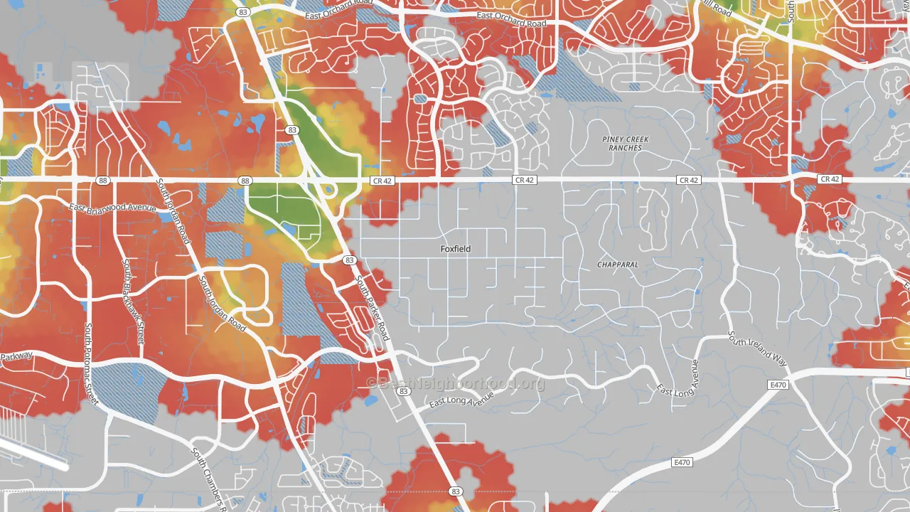 Walk Grade map of Foxfield, CO, walkable areas in green and car-dependent areas in red