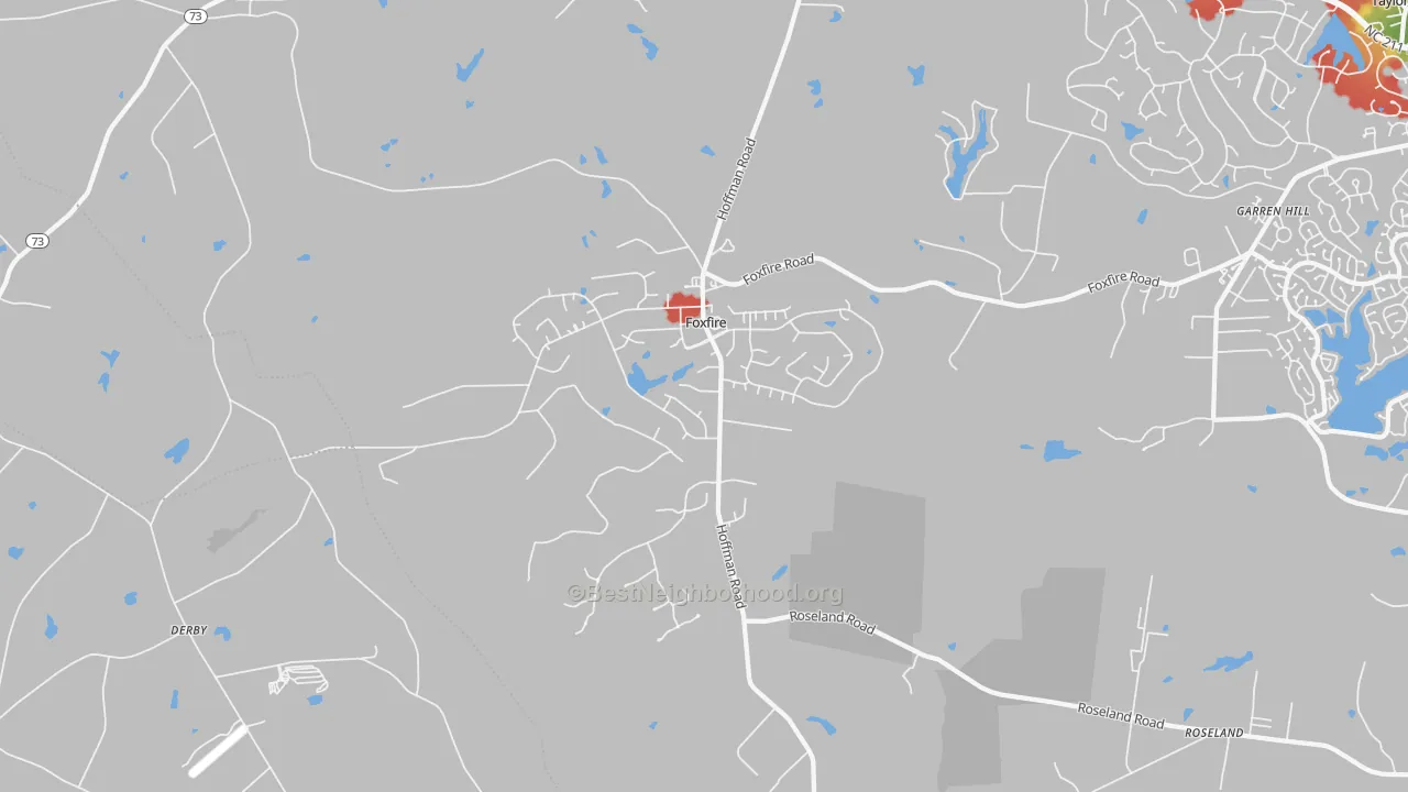 Walk Grade map of Foxfire, NC, walkable areas in green and car-dependent areas in red