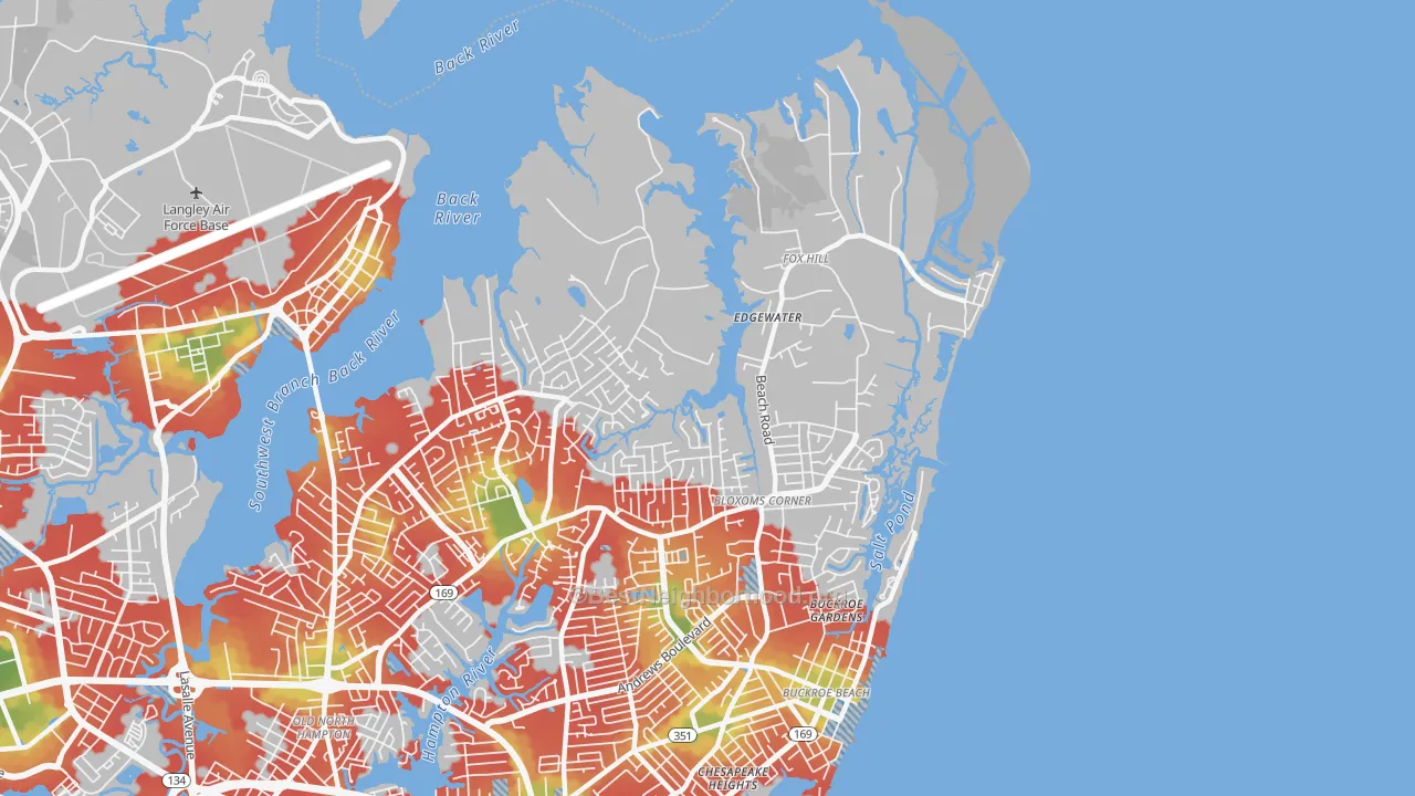 Walk Grade map of Foxhill, Hampton, VA, walkable areas in green and car-dependent areas in red
