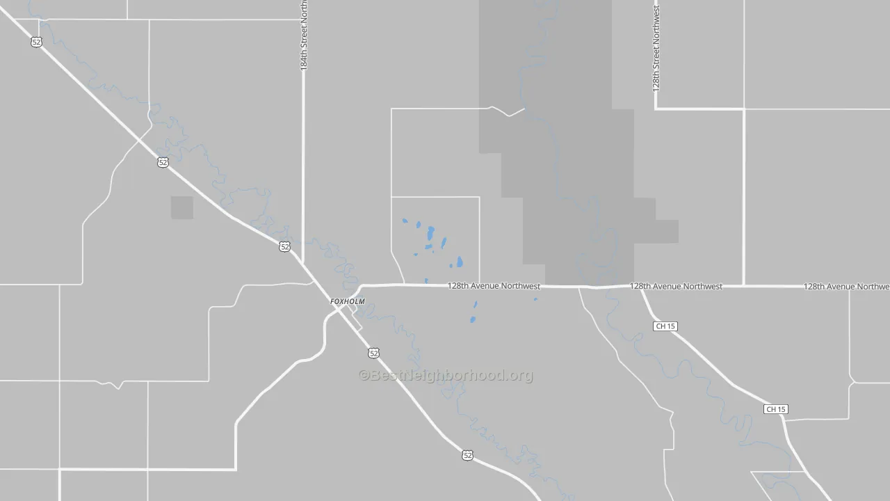 Walk Grade map of Foxholm, ND, walkable areas in green and car-dependent areas in red