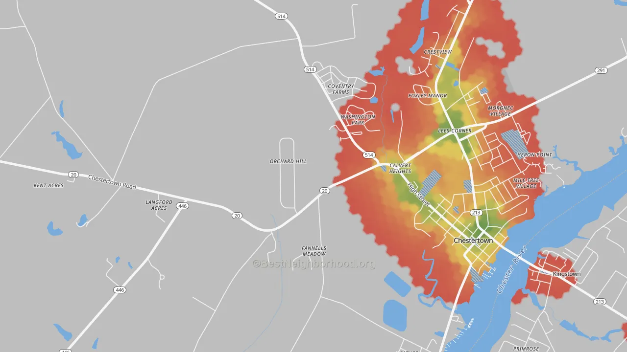 Walk Grade map of Foxley Manor, MD, walkable areas in green and car-dependent areas in red