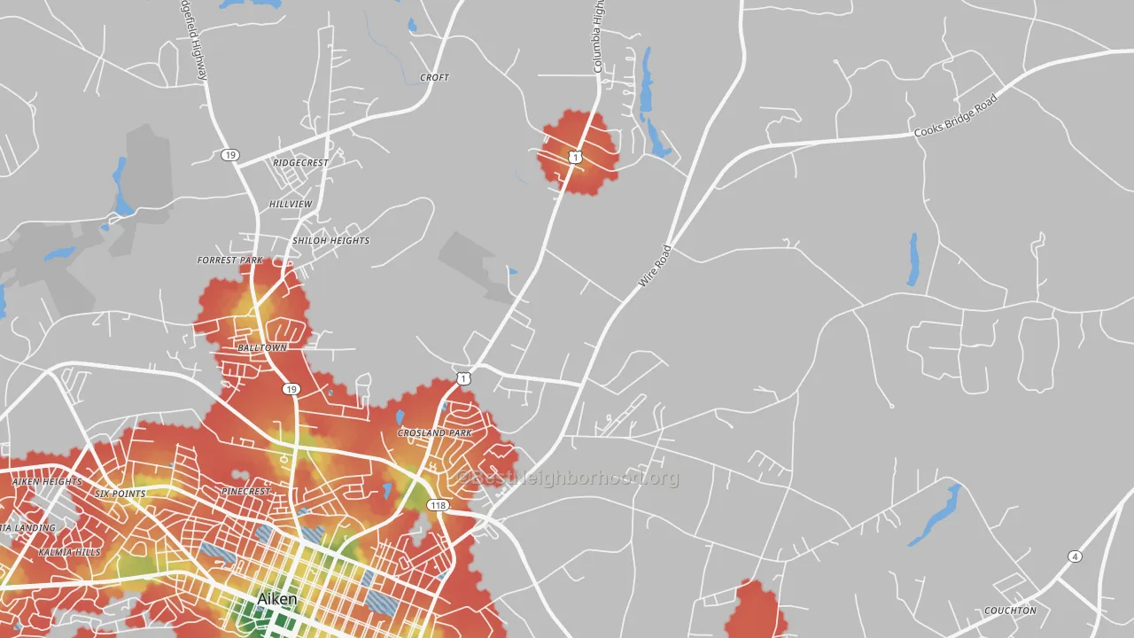 Walk Grade map of Foxtown, SC, walkable areas in green and car-dependent areas in red