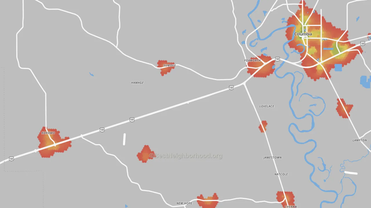 Walk Grade map of Foxworth, MS, walkable areas in green and car-dependent areas in red