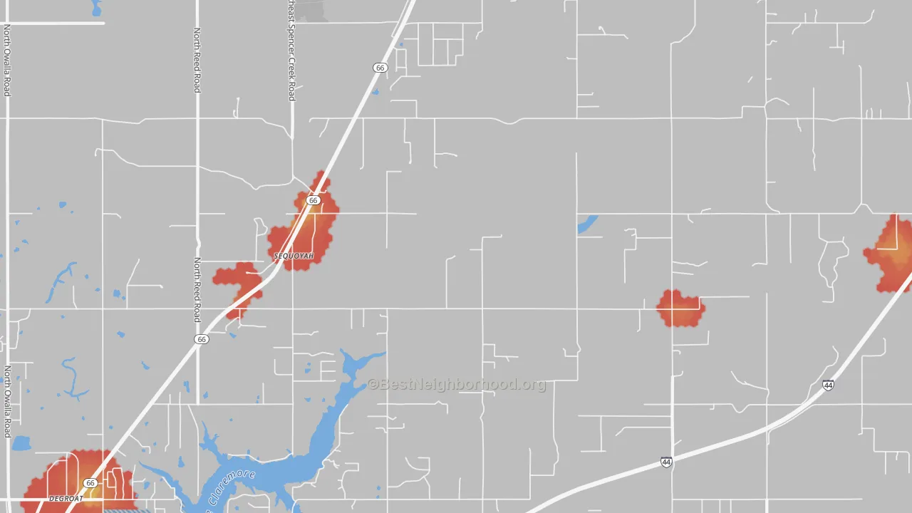 Walk Grade map of Foyil, OK, walkable areas in green and car-dependent areas in red