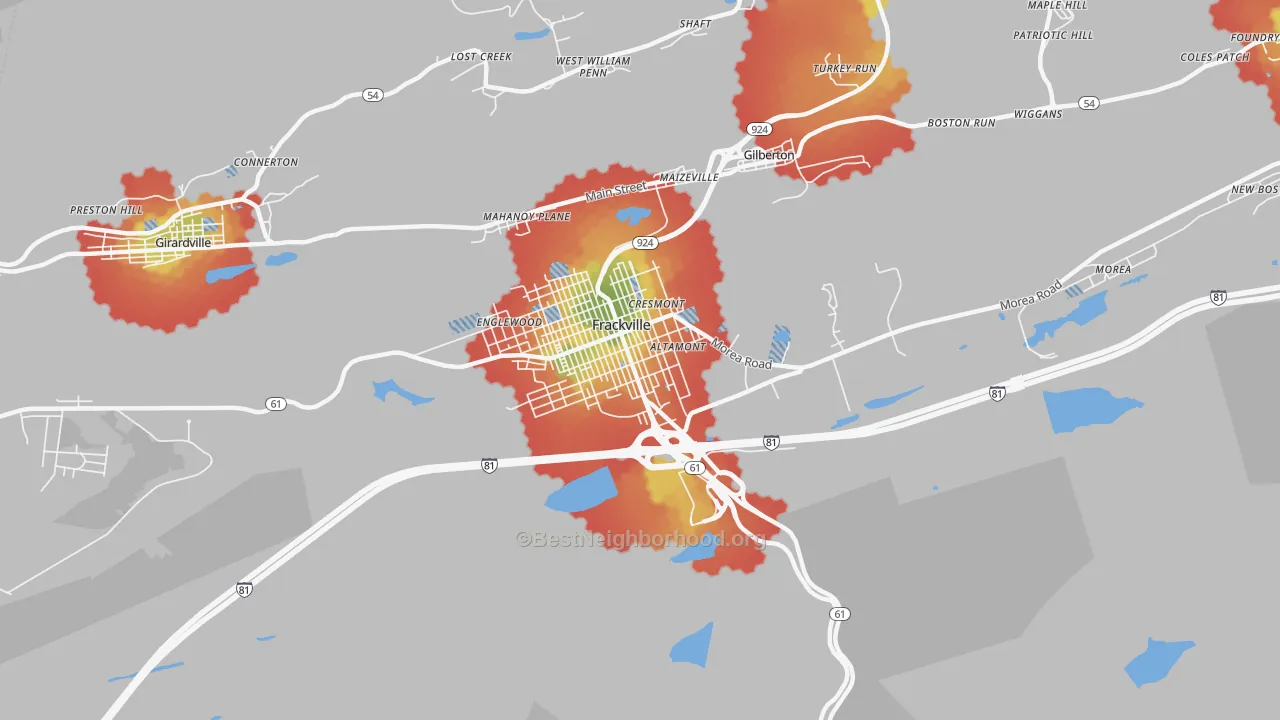 Walk Grade map of Frackville, PA, walkable areas in green and car-dependent areas in red