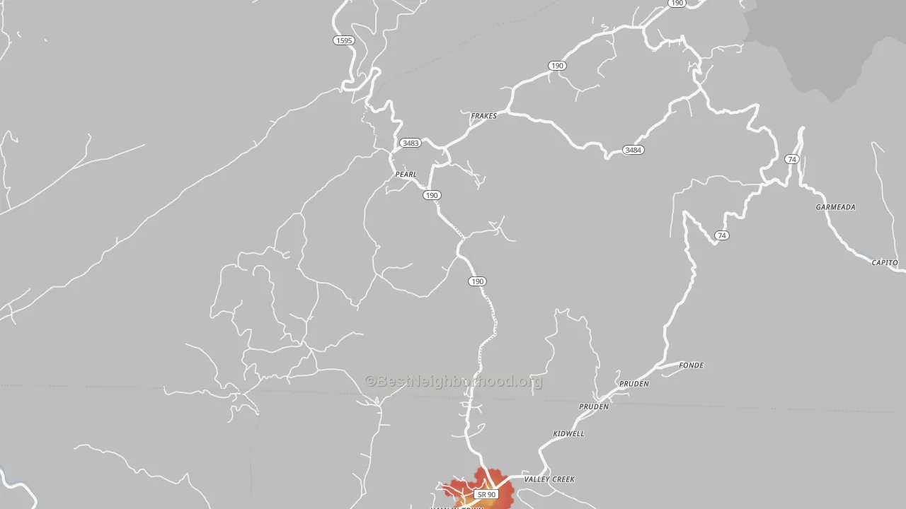 Walk Grade map of Frakes, KY, walkable areas in green and car-dependent areas in red