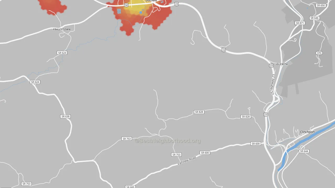 Walk Grade map of Fraleytown, VA, walkable areas in green and car-dependent areas in red