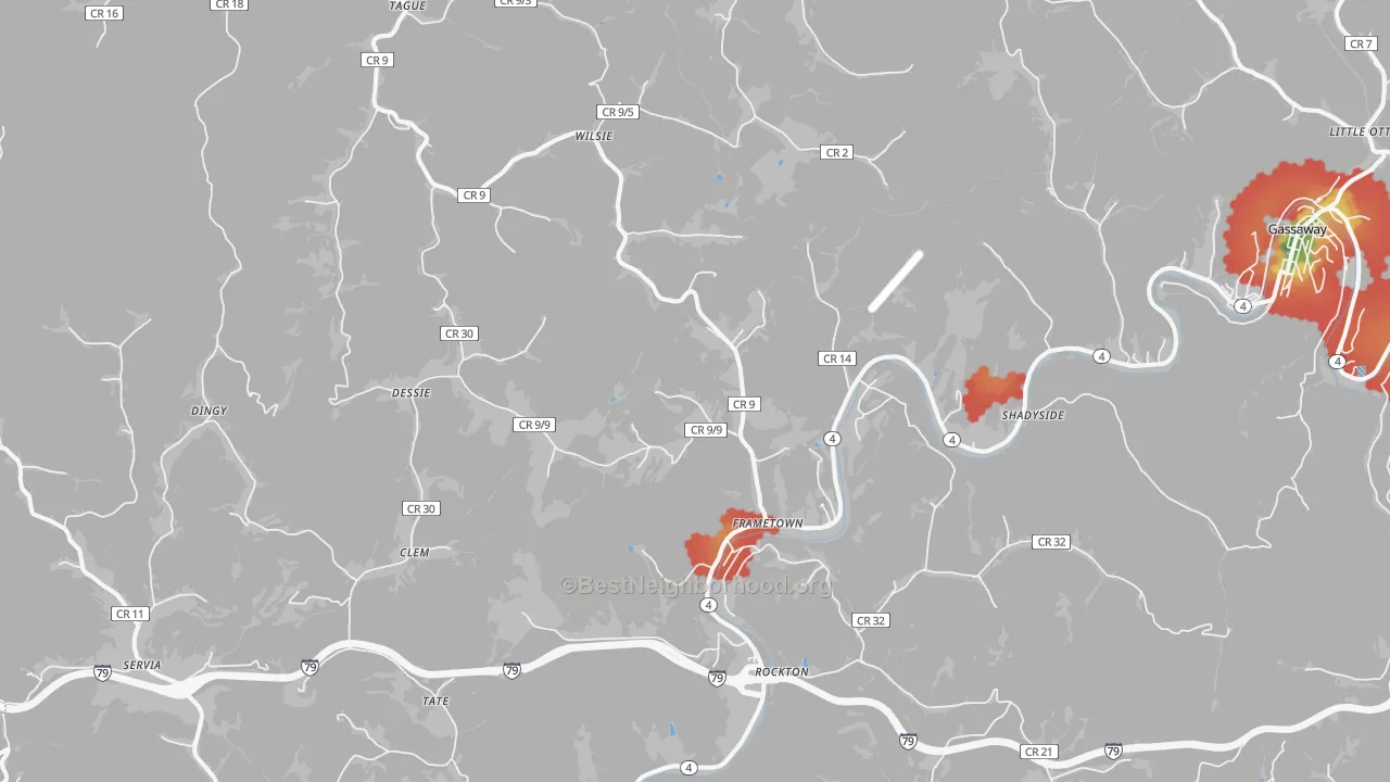 Walk Grade map of Frametown, WV, walkable areas in green and car-dependent areas in red