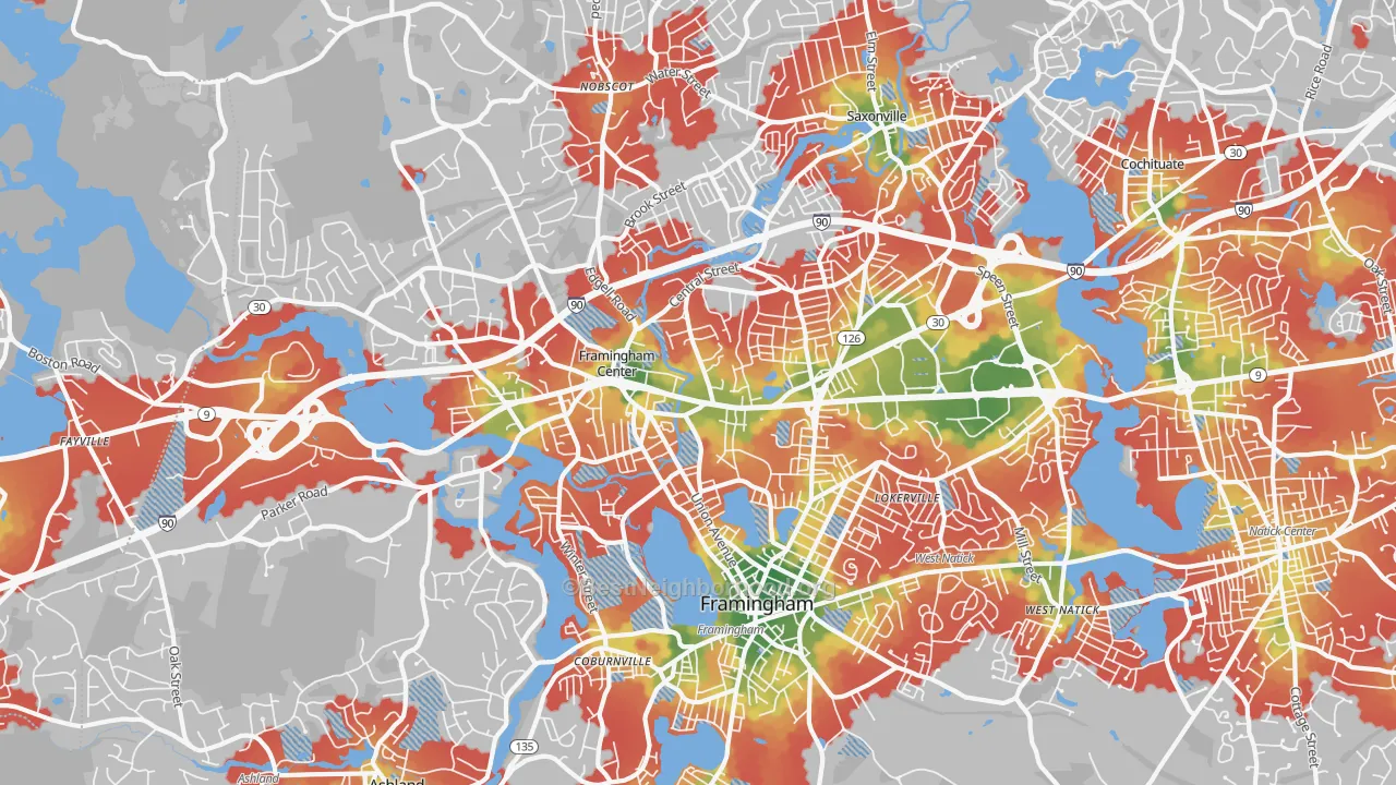 Walk Grade map of Framingham, MA, walkable areas in green and car-dependent areas in red