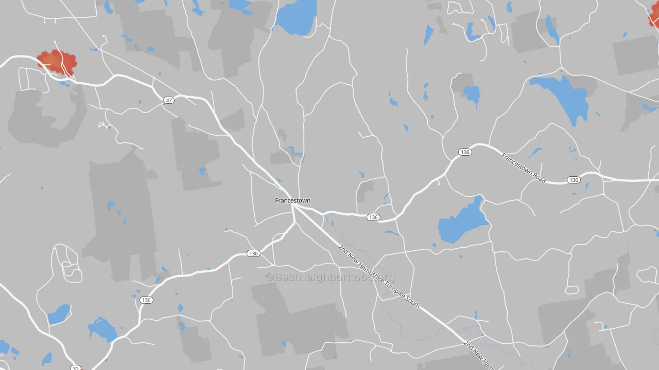 Walk Grade map of Francestown, NH, walkable areas in green and car-dependent areas in red