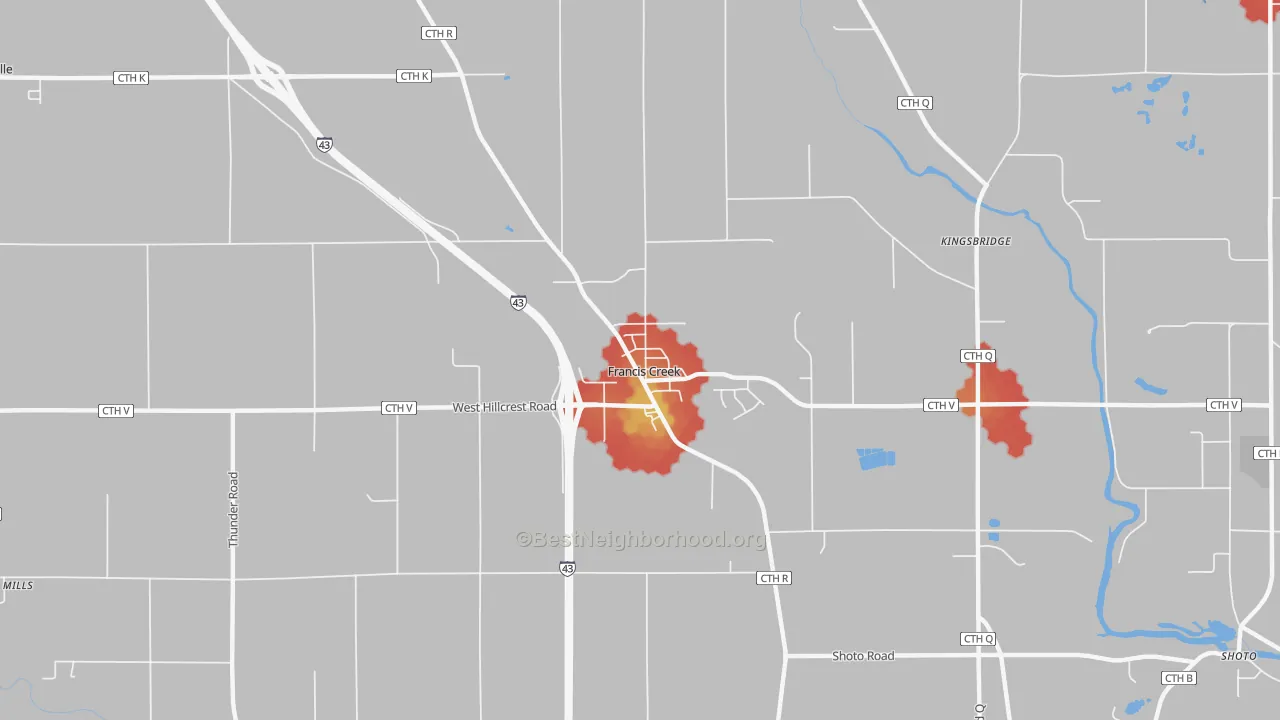 Walk Grade map of Francis Creek, WI, walkable areas in green and car-dependent areas in red