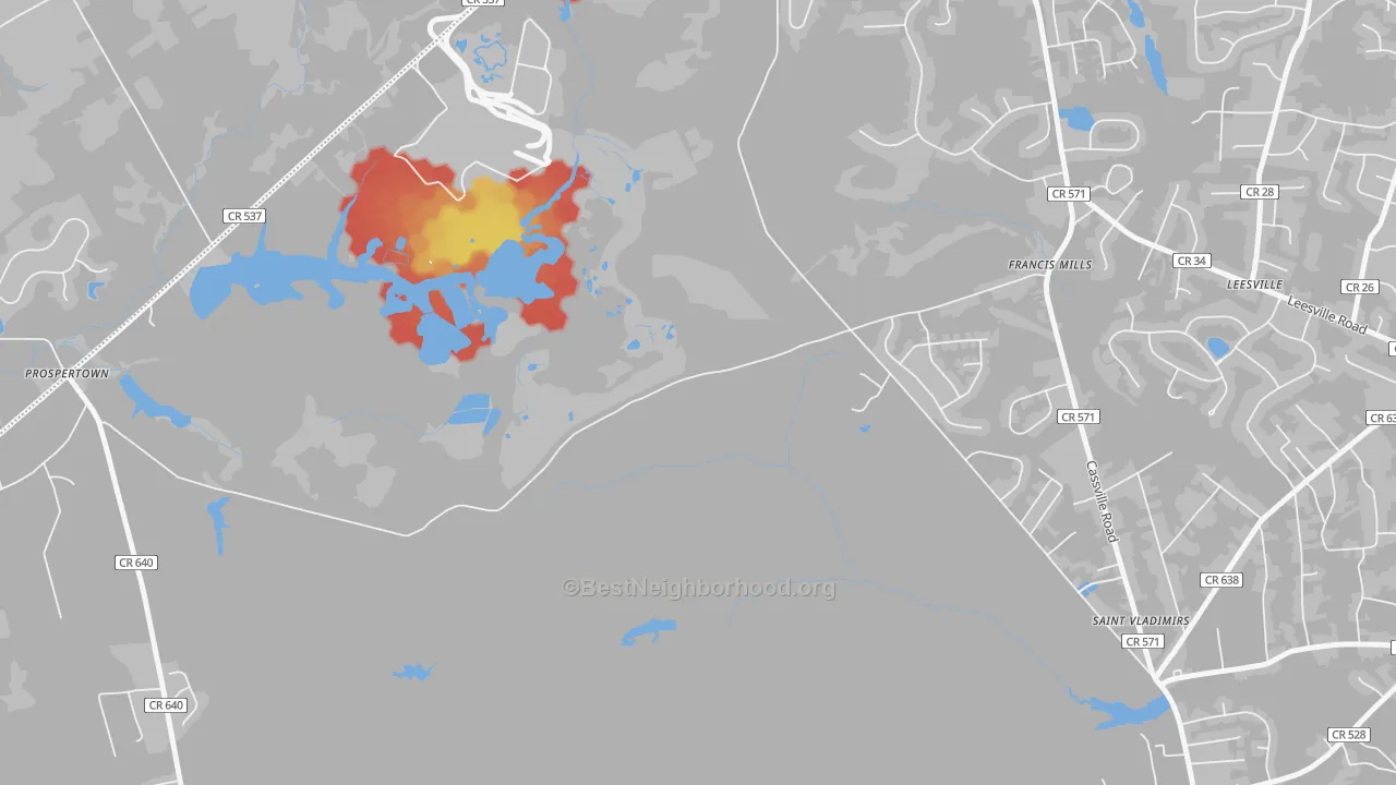 Walk Grade map of Francis Mills, NJ, walkable areas in green and car-dependent areas in red