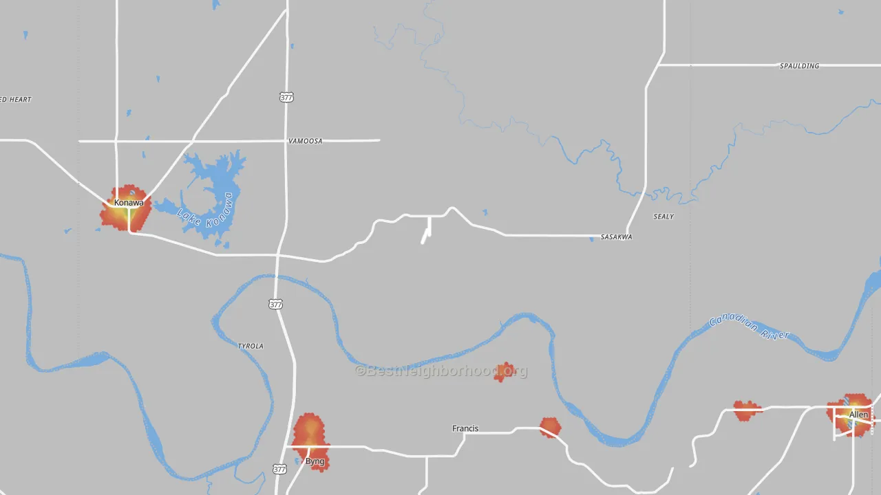 Walk Grade map of Francis, OK, walkable areas in green and car-dependent areas in red