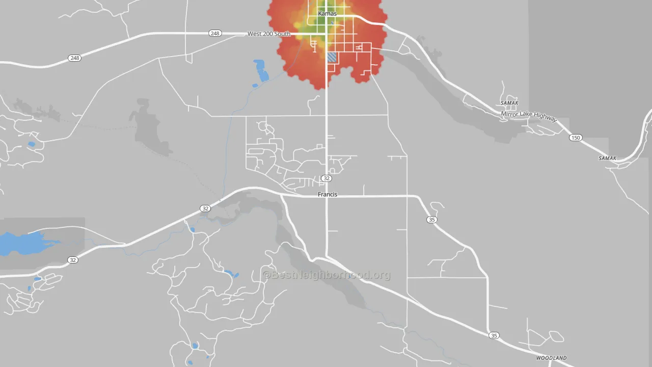 Walk Grade map of Francis, UT, walkable areas in green and car-dependent areas in red