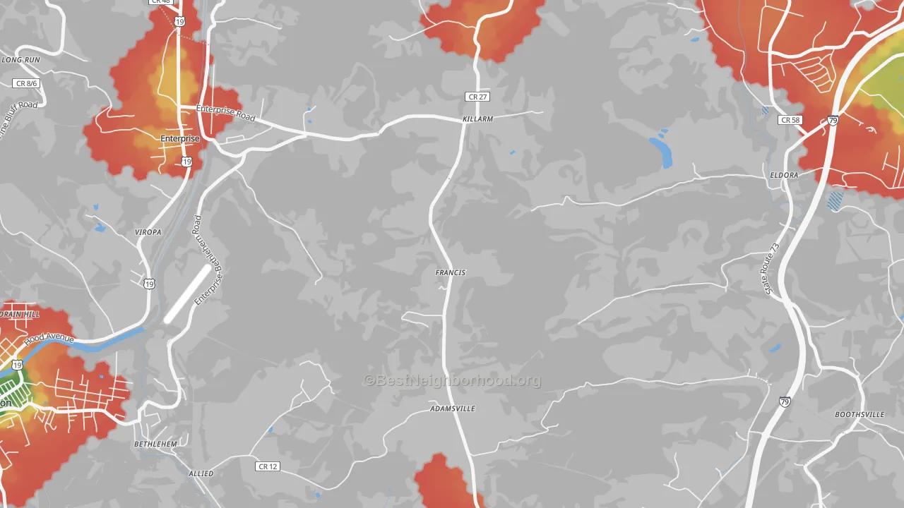 Walk Grade map of Francis, WV, walkable areas in green and car-dependent areas in red