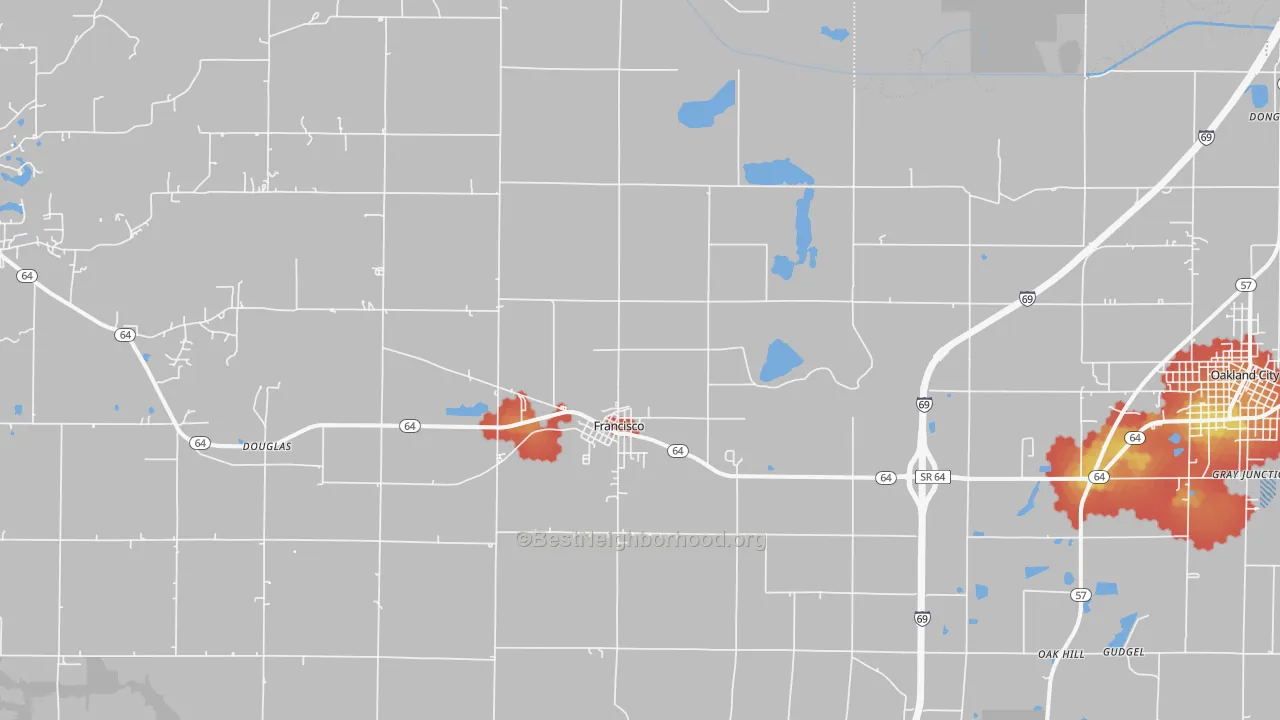 Walk Grade map of Francisco, IN, walkable areas in green and car-dependent areas in red