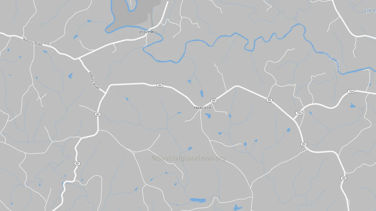 Walk Grade map of Francisco, NC, walkable areas in green and car-dependent areas in red