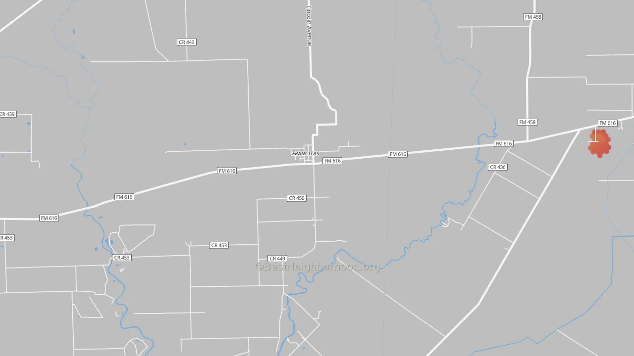 Walk Grade map of Francitas, TX, walkable areas in green and car-dependent areas in red