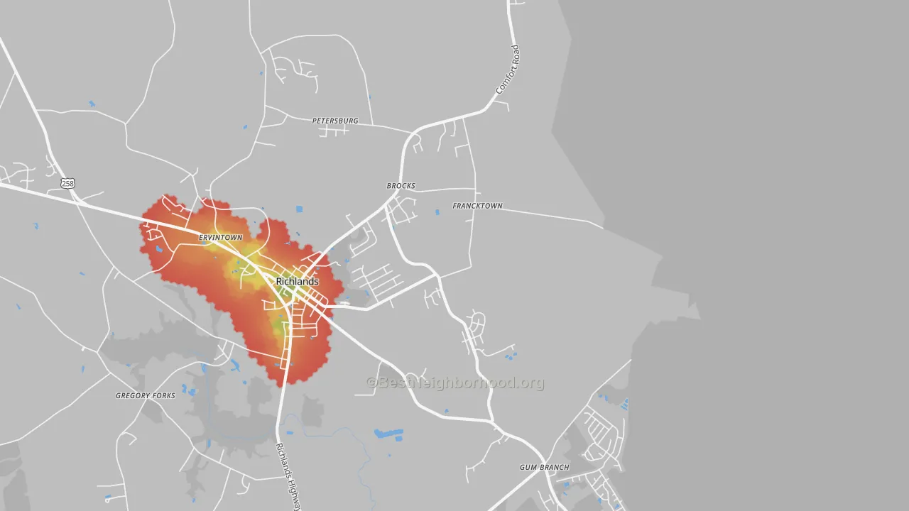 Walk Grade map of Francktown, NC, walkable areas in green and car-dependent areas in red