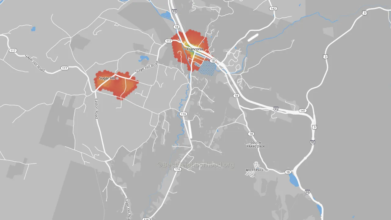 Walk Grade map of Franconia, NH, walkable areas in green and car-dependent areas in red