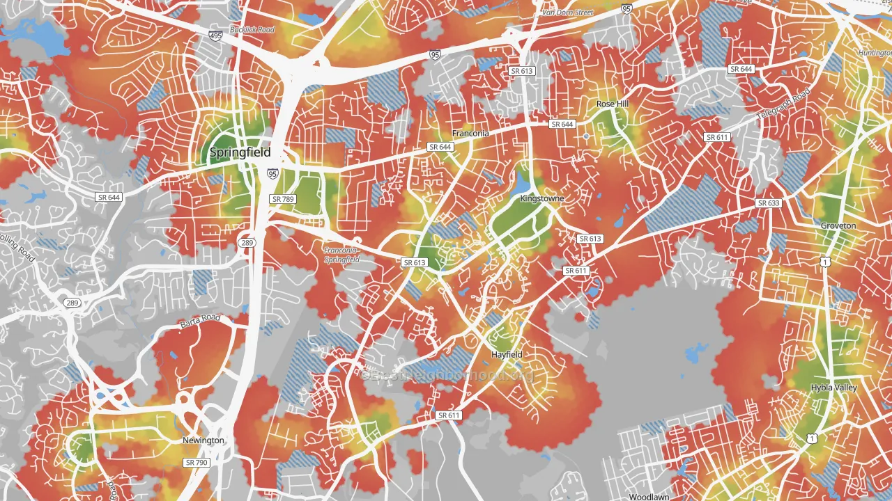 Walk Grade map of Franconia, VA, walkable areas in green and car-dependent areas in red