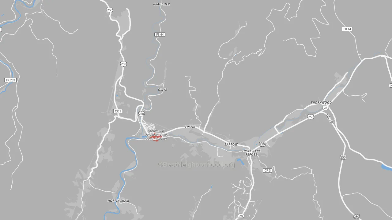Walk Grade map of Frank, WV, walkable areas in green and car-dependent areas in red
