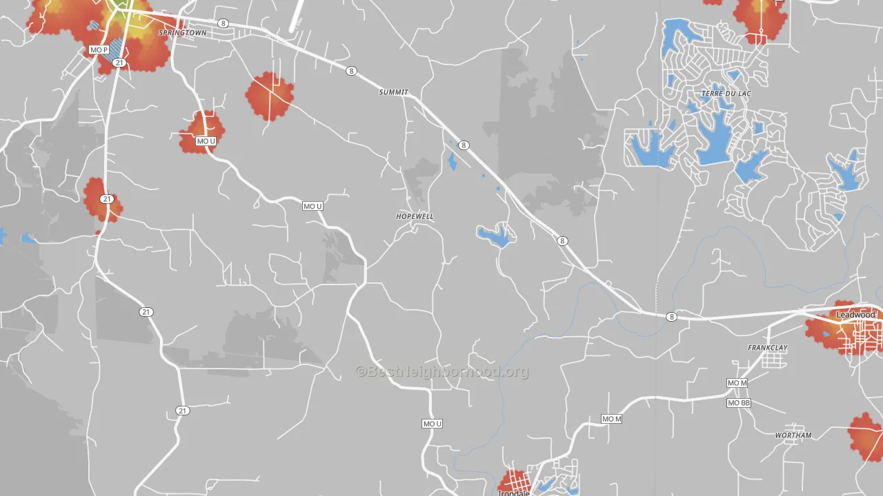 Walk Grade map of Frankclay, MO, walkable areas in green and car-dependent areas in red