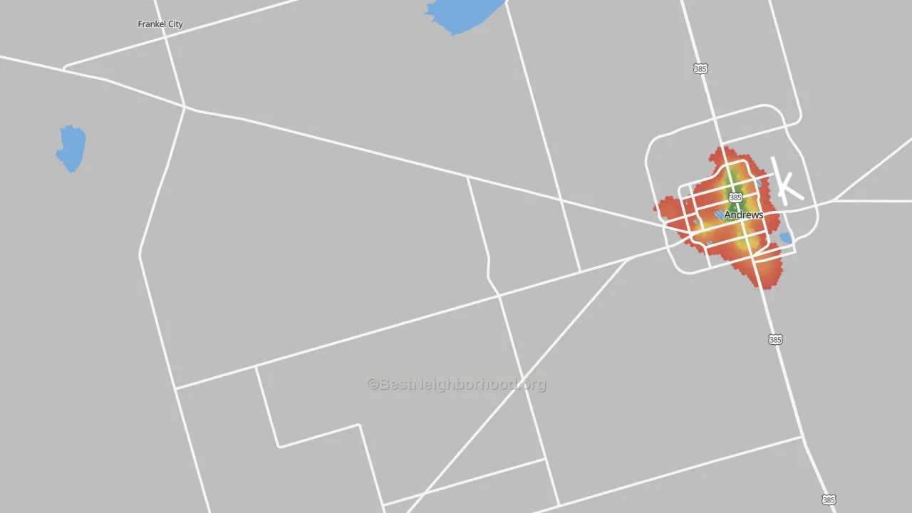 Walk Grade map of Frankel City, TX, walkable areas in green and car-dependent areas in red